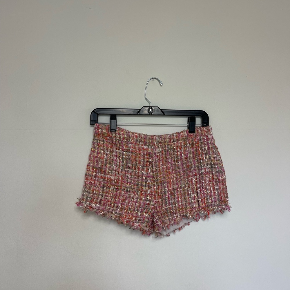 Pink Tweed Frayed Hem Women's Shorts